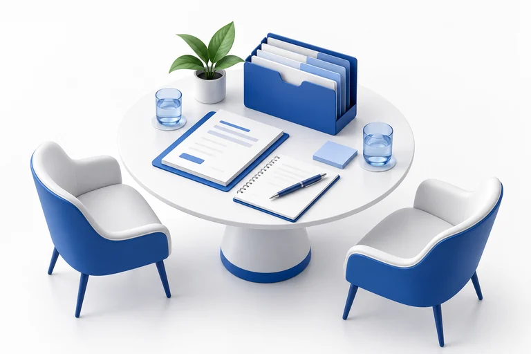 A meeting table with an organized client portfolio and review notes.