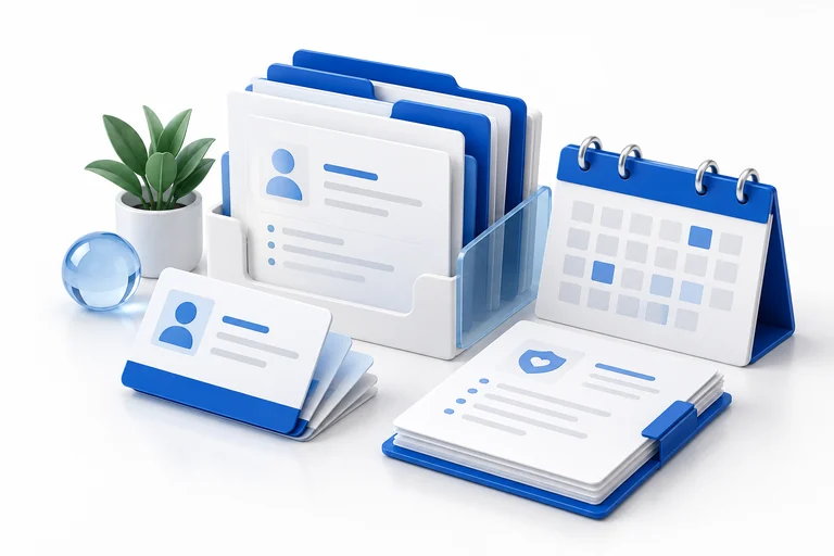 Benefit records, member cards and a calendar representing organized onboarding.