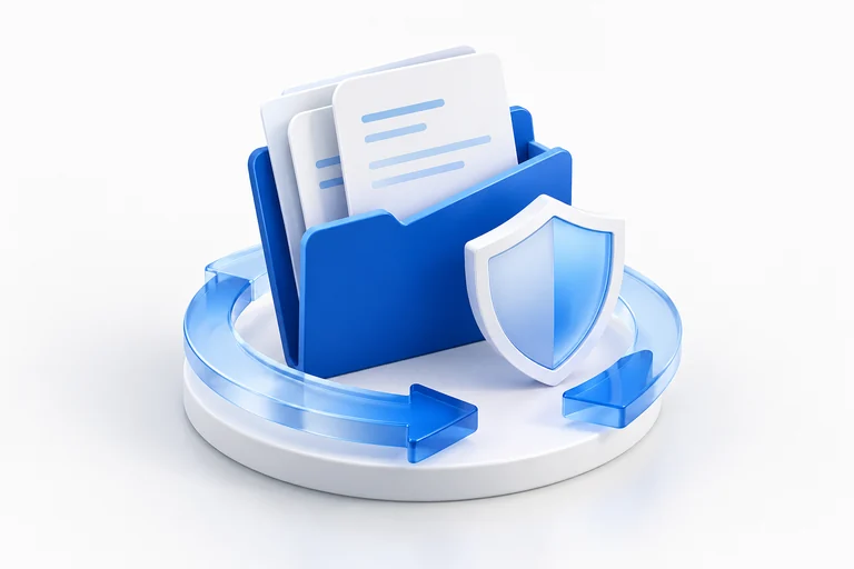 A policy folder, renewal motif and shield representing a connected insurance renewal.