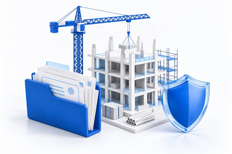 A construction crane and building framework beside vendor insurance records and a protective shield.