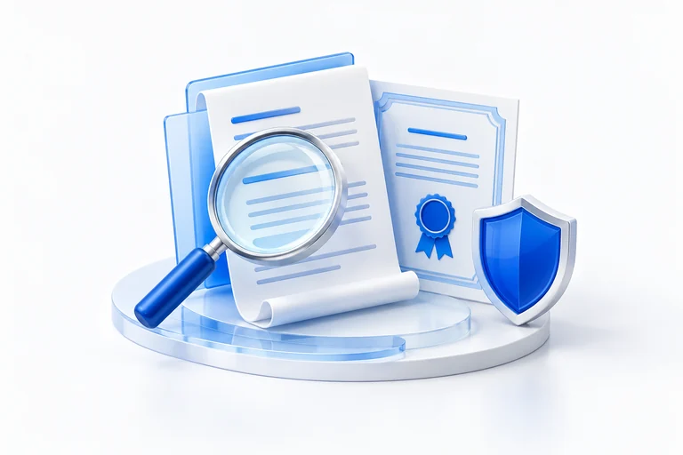 A contract and insurance certificate beneath a review lens and shield.