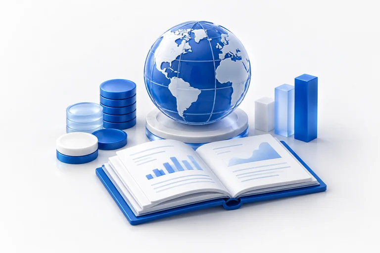 An investment ledger, globe and currency discs representing international operations.