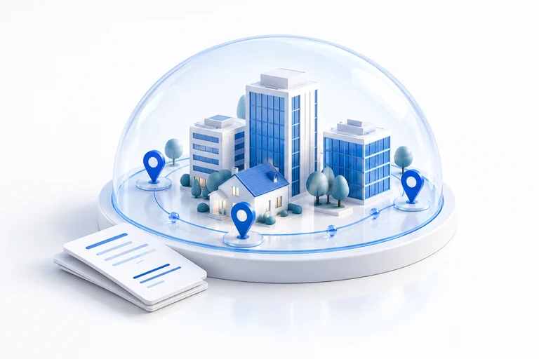 Property buildings and location markers beneath a transparent protective dome.