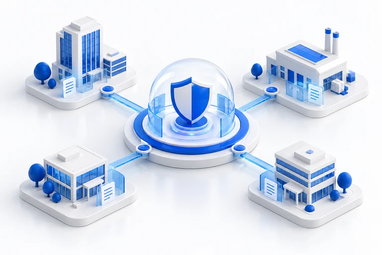 Business locations connected around a central risk oversight hub.