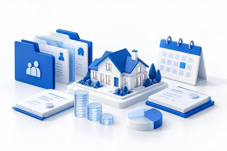 Household portfolio folders and a calendar representing consolidated reporting.