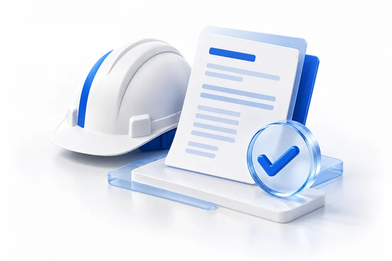 A workplace hardhat and claim record with an acknowledgment mark.