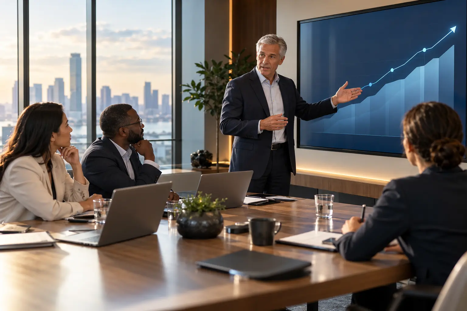 Business leader presenting a growth strategy to an executive team