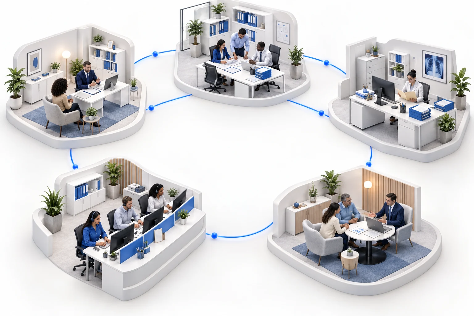 Connected insurance workspaces showing advice, business teams, insurance operations, customer support and a family meeting an advisor.