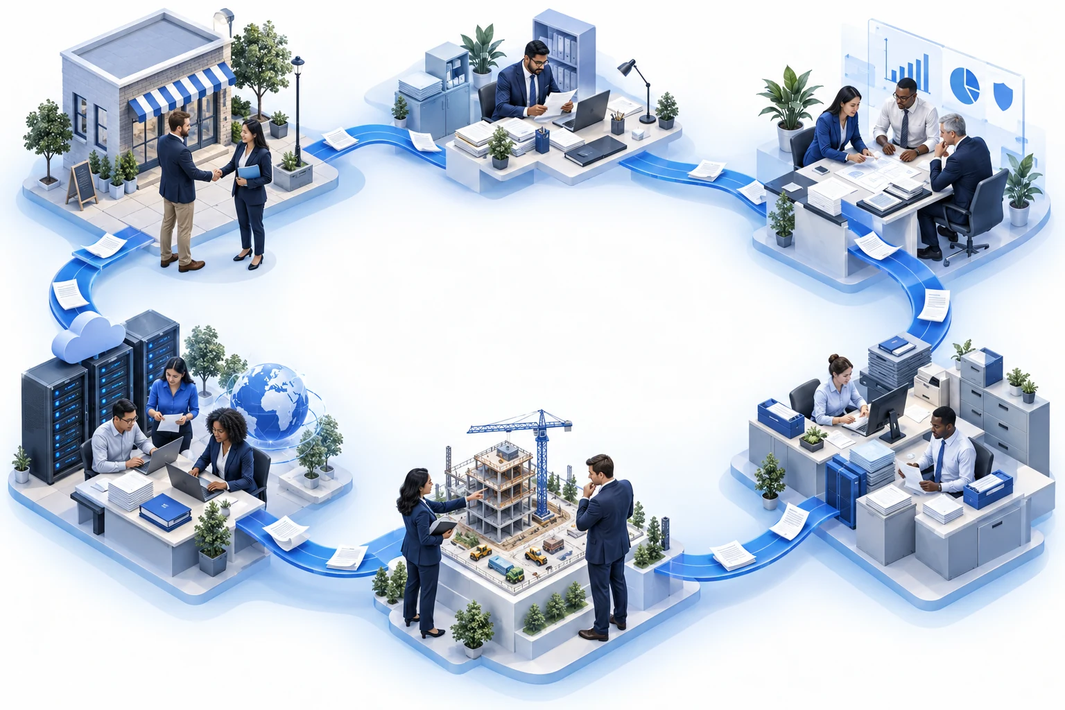 An illustrated insurance ecosystem showing agents meeting clients, brokers preparing submissions, underwriters assessing risk, insurer operations, surety underwriting and data exchange teams connected by blue pathways.