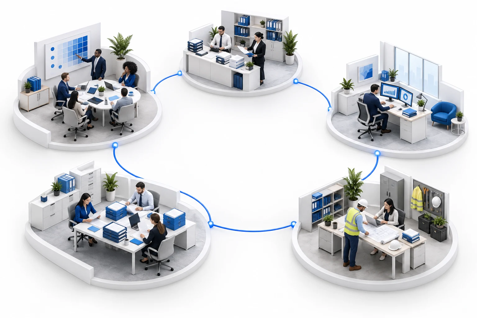 Connected risk compliance & management workplaces showing risk managers, enterprises, insurers, procurement teams, brokers, regulators, state bureaus.