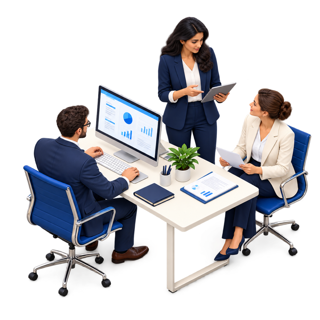 AI and compliance colleagues reviewing a dashboard, documents and a tablet together