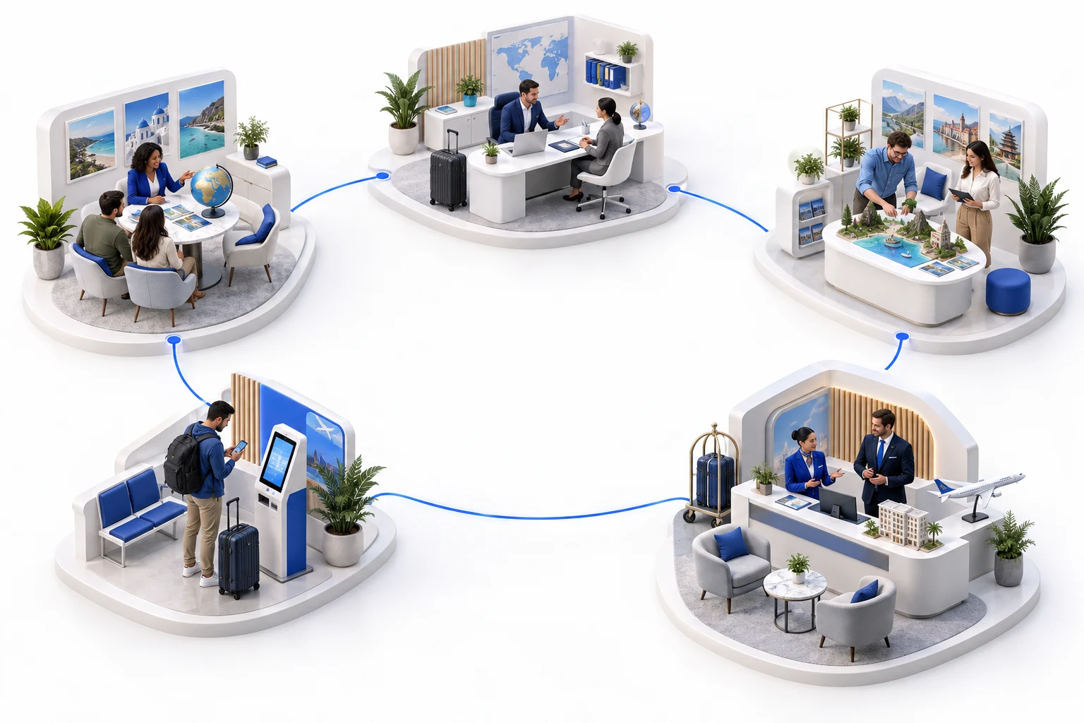Connected travel & mobility workplaces showing travel agencies, corporate travel managers, travel service providers, travelers, bus operators.